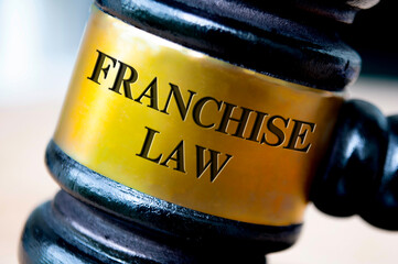 Franchise law text engraved on gavel. Franchise law and legal concept