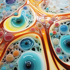 multicolor resin with bubble and glass sphere, geometric pattern with reliefs and contrasts