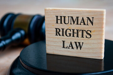 Human Rights Law text engraved on wooden block with gavel background. Legal concept
