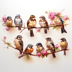 Grupa małych ptaszków na gałęzi  - obrazy, fototapety, plakaty