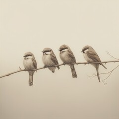 Grupa małych ptaszków na gałęzi  - obrazy, fototapety, plakaty
