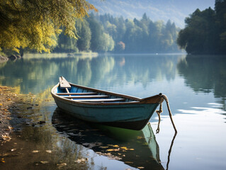 Naklejka na ściany i meble A tranquil lake showcasing a vintage small fishing boat with a calm and peaceful atmosphere.