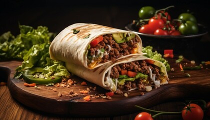 Traditional mexican burrito with beef, cheese and vegetables on dark background, Top view of tacos on wooden cutting board,  Generative AI