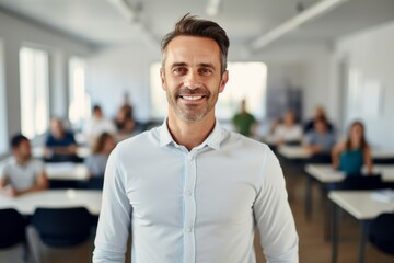 Fototapeta premium Portrait of a satisfied man in his 30s wearing a simple cotton shirt against a lively classroom background. AI Generation