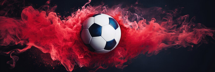 A soccer ball in a red smoke with a black background, abstract concept with cloud and original effect in panorama banner 