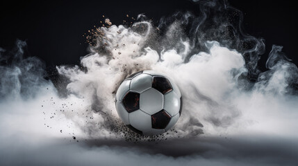 creative banner with a Soccer Ball Emerging From a white cloud of smoke on a black background 