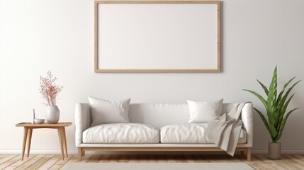 An empty white frame on a wall in a cozy living room with a beige couch, a fluffy rug, and a wooden side table.