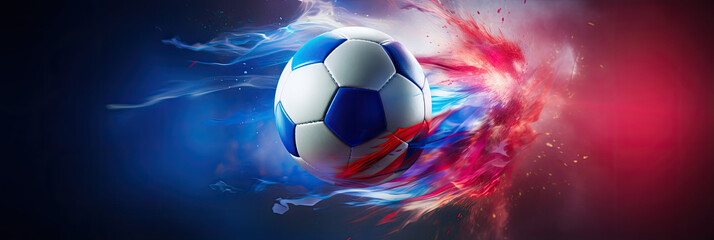 soccer ball in an explosion of blue, white and red color in creative effect, soccerball flying in the air, original graphic wallpaper for an action sport