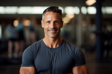 Portrait of a smiling man in his 40s showing off a lightweight base layer against a dynamic fitness...