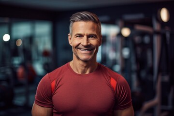 Portrait of a smiling man in his 40s showing off a lightweight base layer against a dynamic fitness gym background. AI Generation