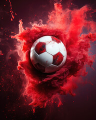 A Red and White Soccer Ball Soaring Through the Air in a cloud of bright red smoke