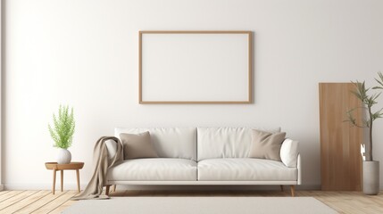 An empty white frame on a wall in a cozy living room with a beige couch, a fluffy rug, and a wooden side table.