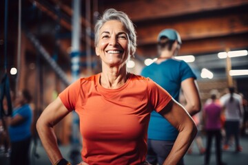 Fototapeta premium Portrait of a merry woman in her 60s sporting a technical climbing shirt against a dynamic fitness gym background. AI Generation
