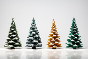 Four decorated, unadorned Christmas trees on a white backdrop.