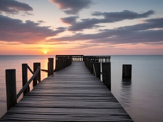 Obraz premium Wooden pier on the beach at beautiful sunset in the evening