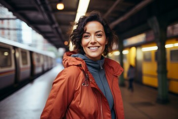 Portrait of a joyful woman in her 40s wearing a trendy bomber jacket against a bustling city subway background. AI Generation