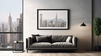 An empty white frame on a wall in a contemporary living room with a black leather sofa, a glass coffee table, and a cityscape outside the window.
