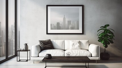 An empty white frame on a wall in a contemporary living room with a black leather sofa, a glass coffee table, and a cityscape outside the window.