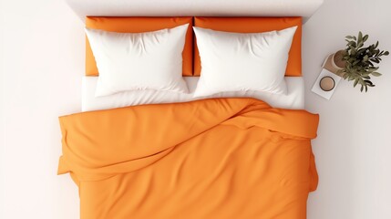 a bed with orange sheets and pillows