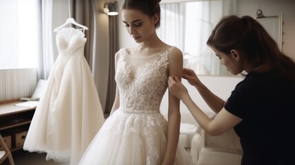 Fototapeta premium Young woman bride at wedding salon trying on and fitting beautiful white wedding dress with tailor.