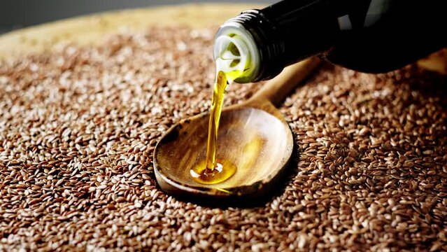 Flaxseed oil, linseed oil. 4k video footage