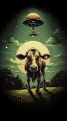 vaca sendo abduzido por nave espacial alienigena  - obrazy, fototapety, plakaty