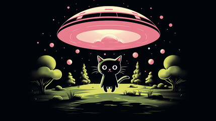 gato sendo abduzido por nave espacial alienigena  - obrazy, fototapety, plakaty
