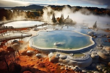 Hot spring in Yellowstone National Park, Wyoming, United States of America, Te Puia thermal park. Rotorua town, New Zealand, AI Generated - obrazy, fototapety, plakaty