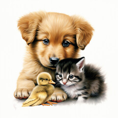 Obraz premium endearing and highly detailed illustrations of cute baby animals like kittens, puppies, and ducklings created with Generative Ai
