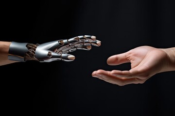 Human and robot hands reaching out to each other on black background, Technology meets humanity background, a modern human hand catching robot hand, AI Generated