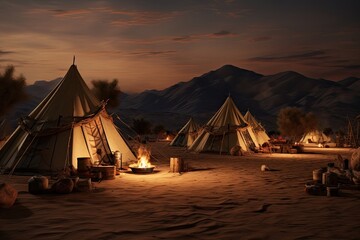 Tent camp in the desert at sunset, Namibia, Africa, tent encampment in a desert environment, AI Generated - obrazy, fototapety, plakaty