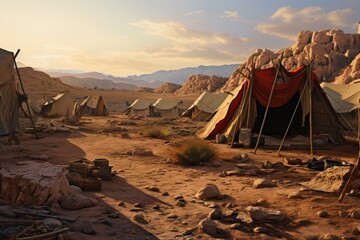 Tent camp in Wadi Rum desert, Jordan, Middle East, tent encampment in a desert environment, AI Generated - obrazy, fototapety, plakaty