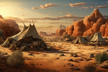 Tent in the desert. 3D illustration. Vintage style, tent encampment in a desert environment, AI Generated - obrazy, fototapety, plakaty
