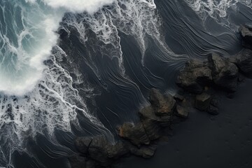 Aerial view of waves crashing on black sand beach in Iceland, The black sand beach in Iceland. Sea aerial view and top view, AI Generated