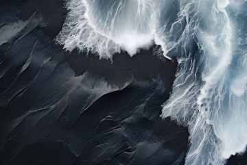 Aerial view of ocean waves breaking on sandy beach. 3d rendering, The black sand beach in Iceland. Sea aerial view and top view, AI Generated - obrazy, fototapety, plakaty