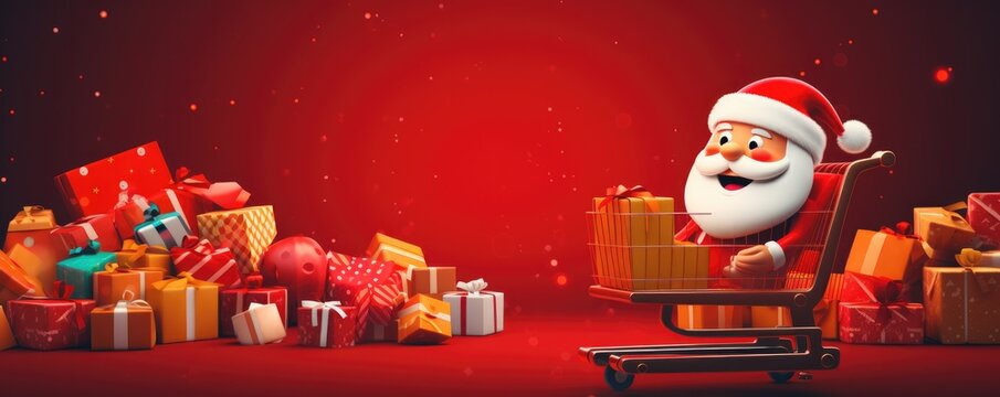 Santa claus is sitting in cart of shopping center, sales illustration panorama. Generative Ai.