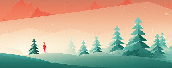 Santa Claus living in winter forest, christmas greeting card illustration panorama banner. Generative Ai.