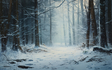 Floresta durante a queda de neve, vista atmosférica de inverno