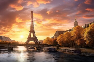 The Eiffel Tower in Paris, France at sunset. Beautiful landscape, Female tourist sightseeing the Eiffel tower and taking pictures, rear view, full body, AI Generated - obrazy, fototapety, plakaty