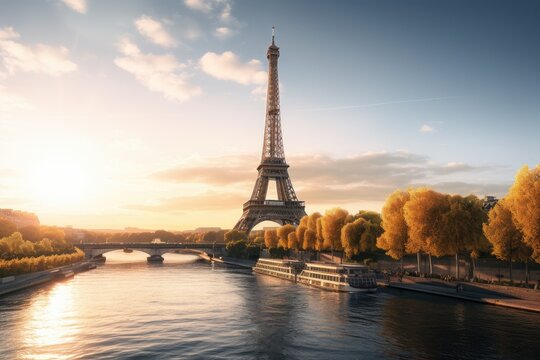 Eiffel Tower in Paris, France. Beautiful sunset over the Eiffel tower, Female tourist sightseeing the Eiffel tower and taking pictures, rear view, full body, AI Generated