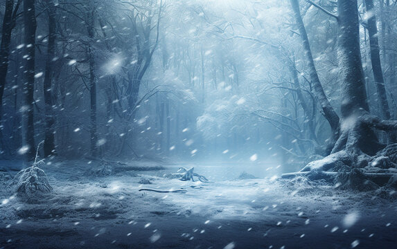 Floresta durante a queda de neve, vista atmosférica de inverno