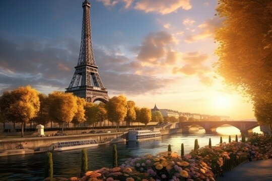 The Eiffel Tower in Paris at sunset, France. The Eiffel Tower is one of the most famous symbols of Paris, Female tourist sightseeing the Eiffel tower and taking pictures, rear view, AI Generated