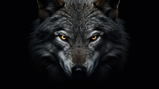  a close up of a wolf's face on a black background with the light shining on it's eyes.