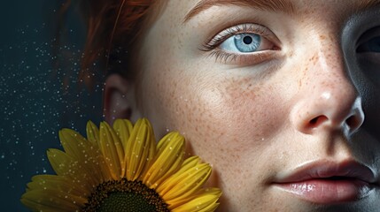  a close up of a woman's face with a sunflower in front of her face and water droplets on her face.