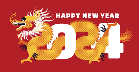 Chinese New Year 2024. Dragon. Monthly calendar. Red traditional postcard. Vector flat illustration