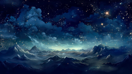 Naklejka na ściany i meble illustration of a starry sky over the mountains