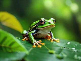 Naklejka premium Gliding frog, flying frog pose on leaves blurred nature background. Generated with AI