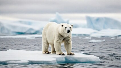 Climate change concept with polar bear standing on small iceberg in the middle of the ocean. Generated with AI
