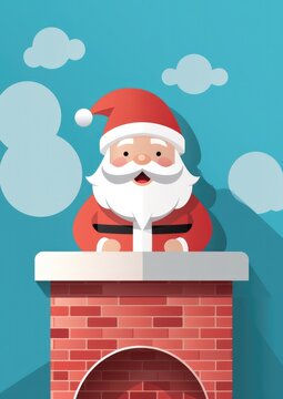Santa claus is climbing to house chimney, christmas greeting card illustration. Generative Ai.
