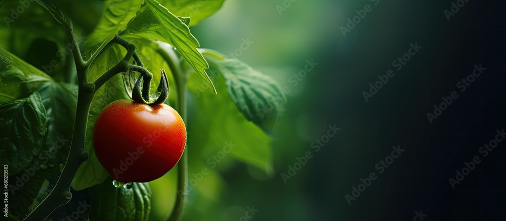 Poster In a serene and isolated garden, against a backdrop of lush green nature, a solitary tomato plant stood tall, its vibrant red fruit contrasting against the white and green leaves, promising a